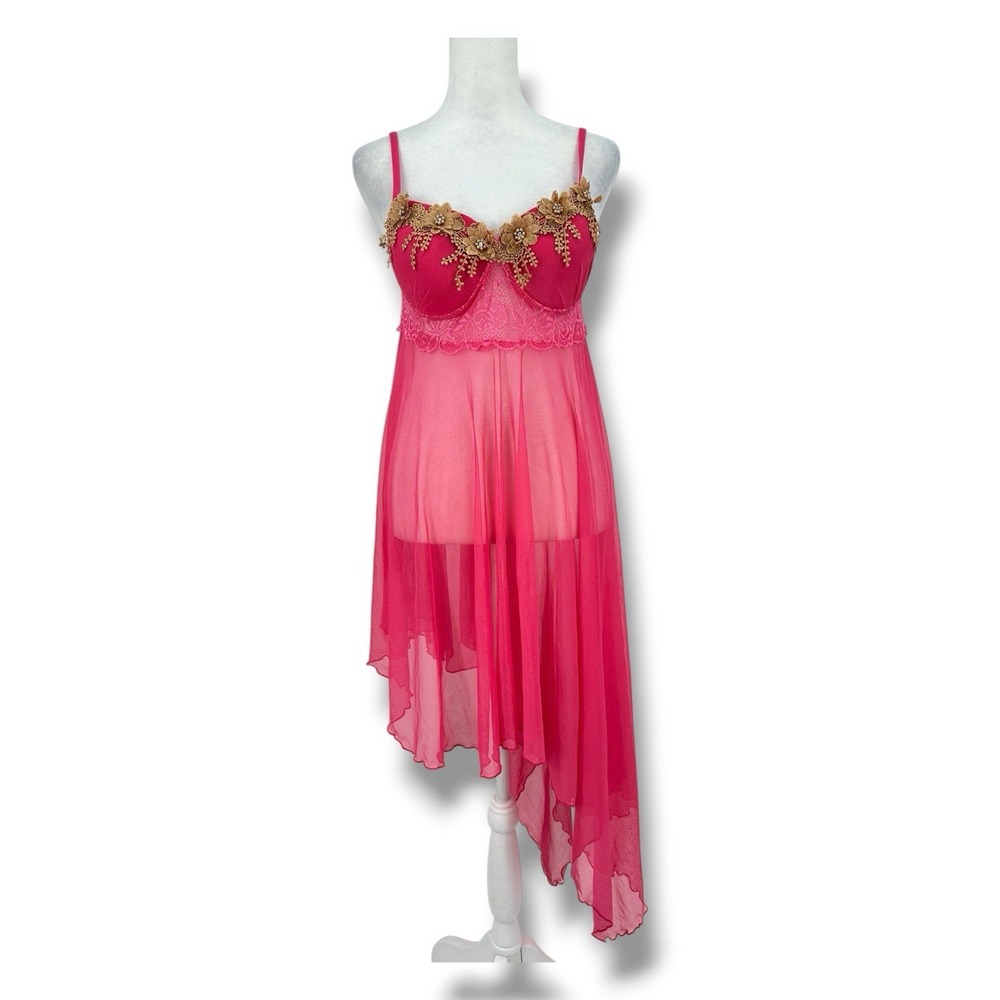 Hot Pink Sheer Babydoll Chemise M Floral Applique Hi-Low Hem Coquette Dainty